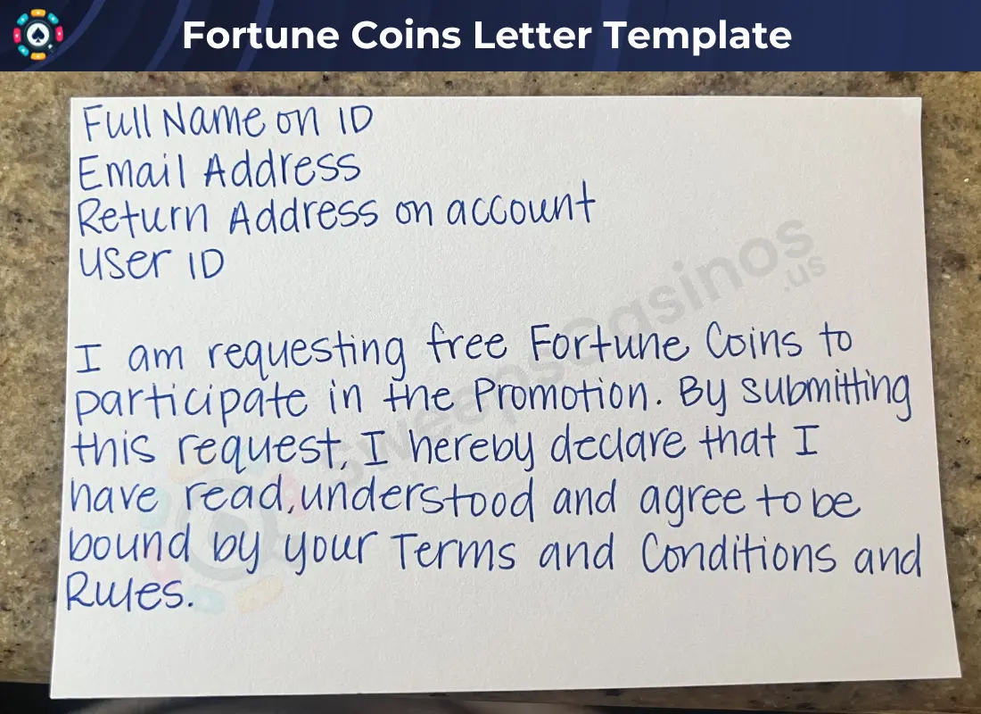 A template showing how to write a letter to Fortune Coins in order to claim free sweeps coins.