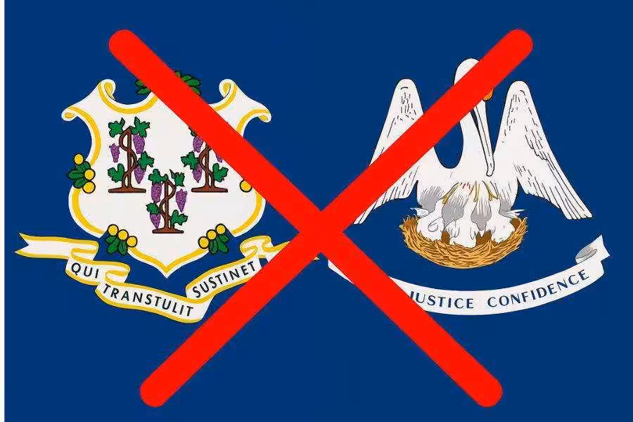 State flags of Connecticut and Louisiana with a big red X in the middle