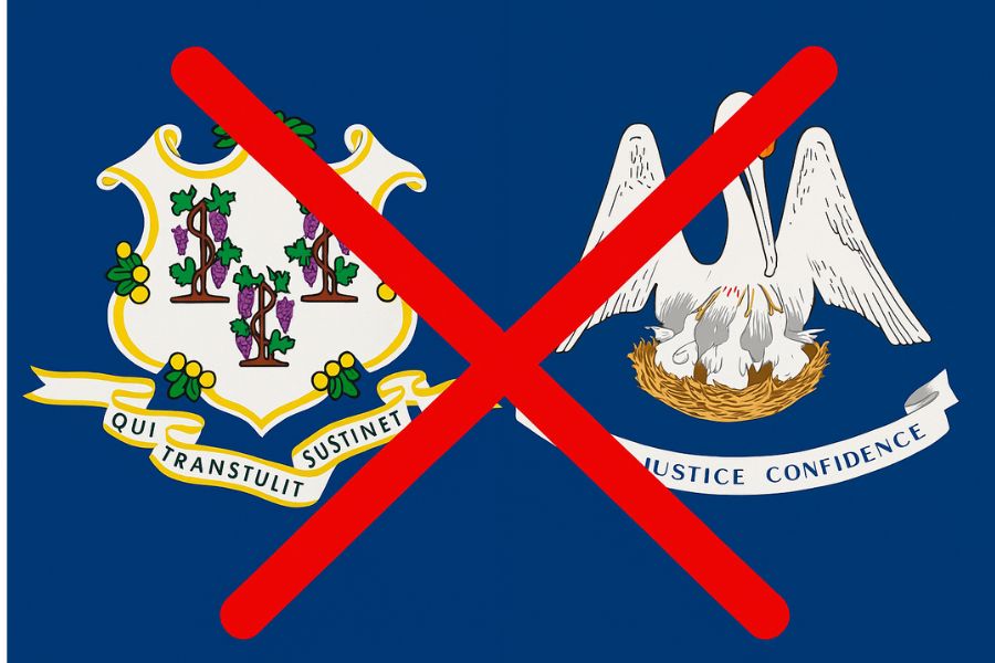 State flags of Connecticut and Louisiana with a big red X in the middle