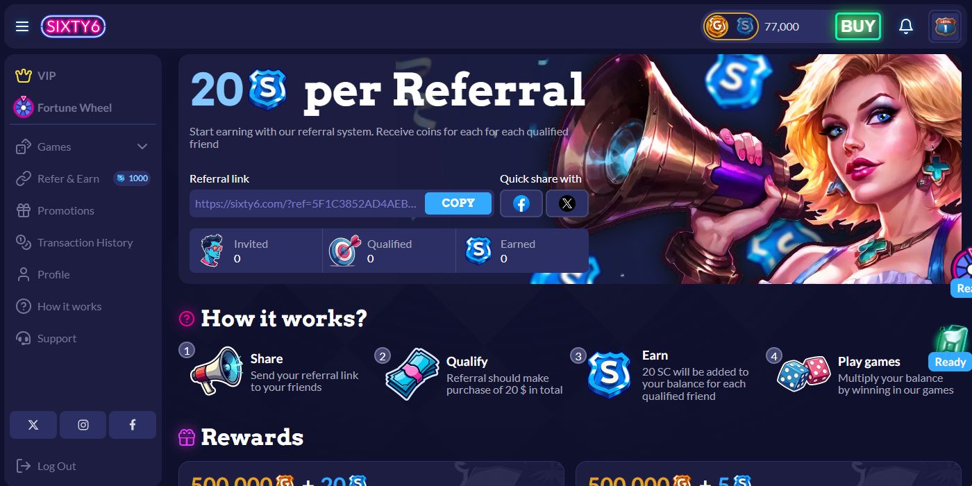 Ways to Claim Free SC at Sixty6 Casino
