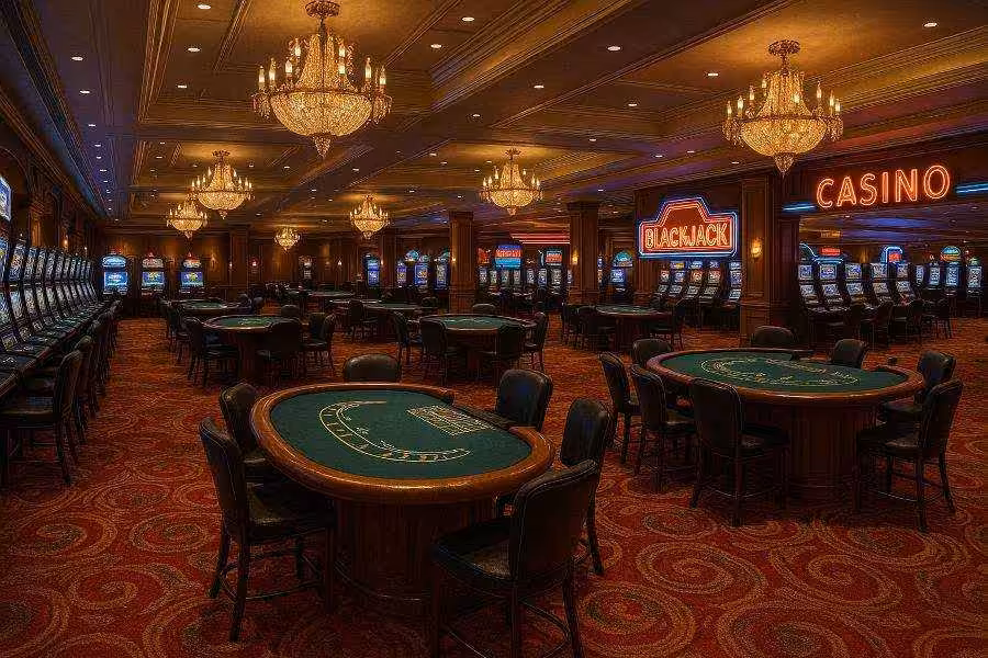A hyperrealistic photograph of an empty casino interior featuring rows of slot machines, green-felt gaming tables, plush red and gold carpet, ornate chandeliers overhead, and vibrant neon signage illuminating the warm wood-paneled space.