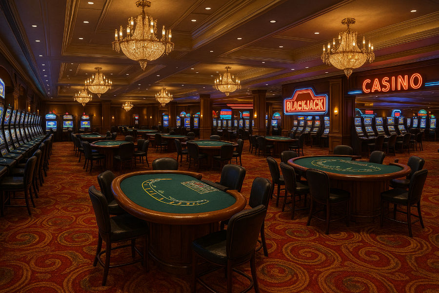 A hyperrealistic photograph of an empty casino interior featuring rows of slot machines, green-felt gaming tables, plush red and gold carpet, ornate chandeliers overhead, and vibrant neon signage illuminating the warm wood-paneled space.
