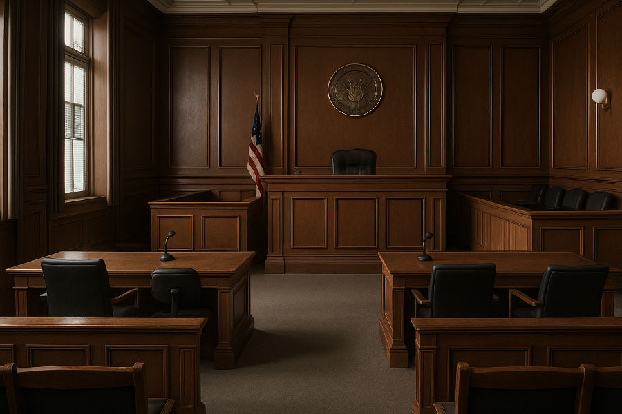 A high-resolution photograph of an empty courtroom interior, featuring rich mahogany paneling, an elevated judge’s bench with the U.S. seal, an unoccupied jury box, and attorneys’ tables under soft natural light from tall windows.