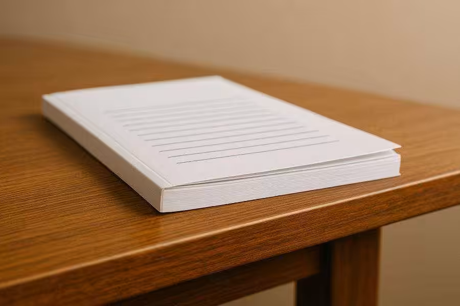 A hyperrealistic image of a plain white formal booklet with subtle horizontal lines indicating text, placed on the edge of a wooden table, viewed from the side with soft, warm lighting.