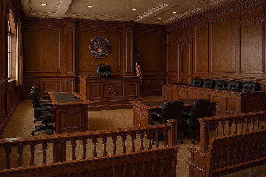 A hyperrealistic photograph of an empty courtroom with dark wood paneling, judge’s bench, jury box, and attorneys’ tables under warm lighting, viewed from behind the wooden gallery railing.