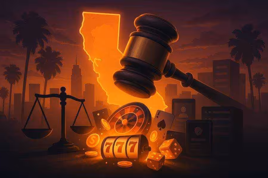 Gavel smashing casino icons over California skyline