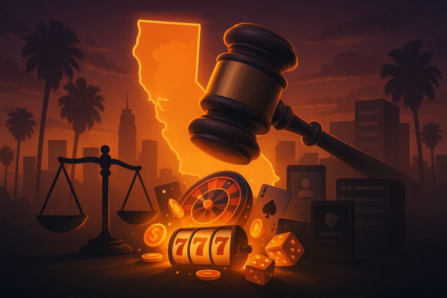 Gavel smashing casino icons over California skyline