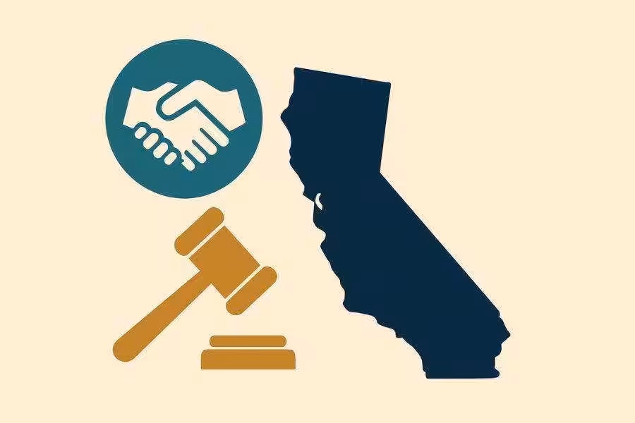 Handshake and gavel next to California silhouette.