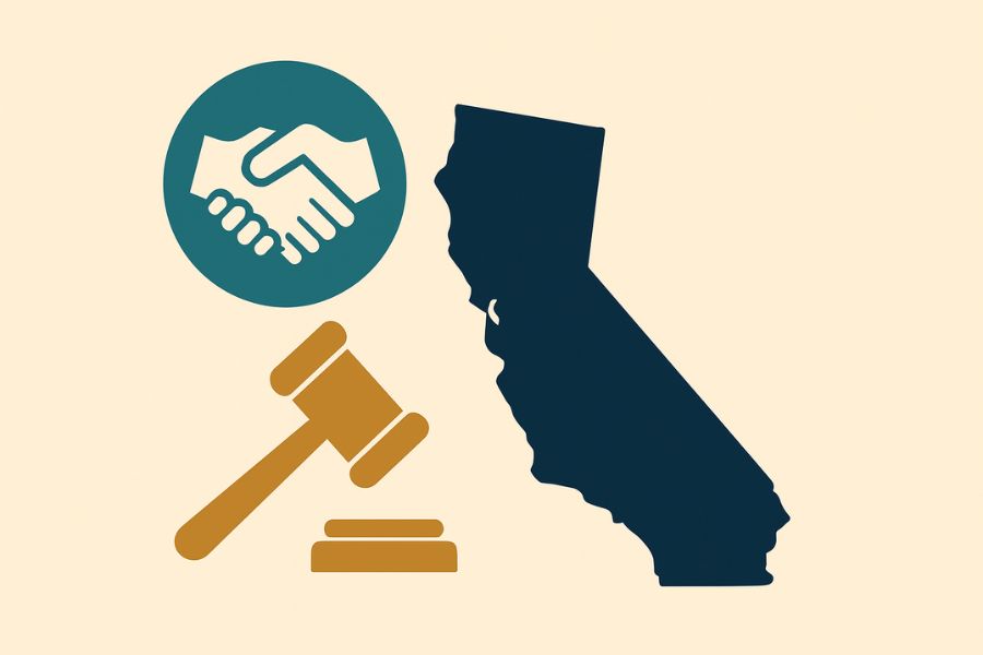 Handshake and gavel next to California silhouette.