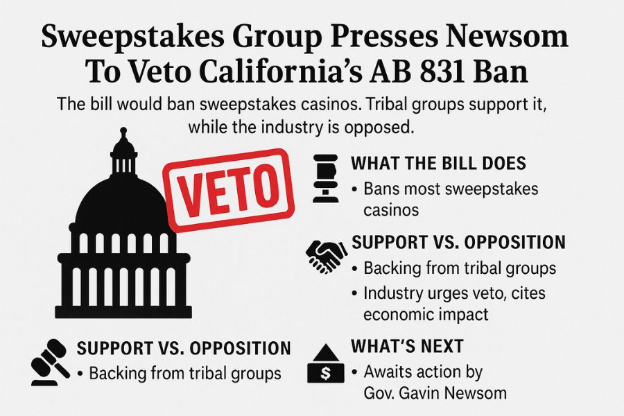 Infographic on AB 831 showing veto stamp, Capitol dome, and bill summary.