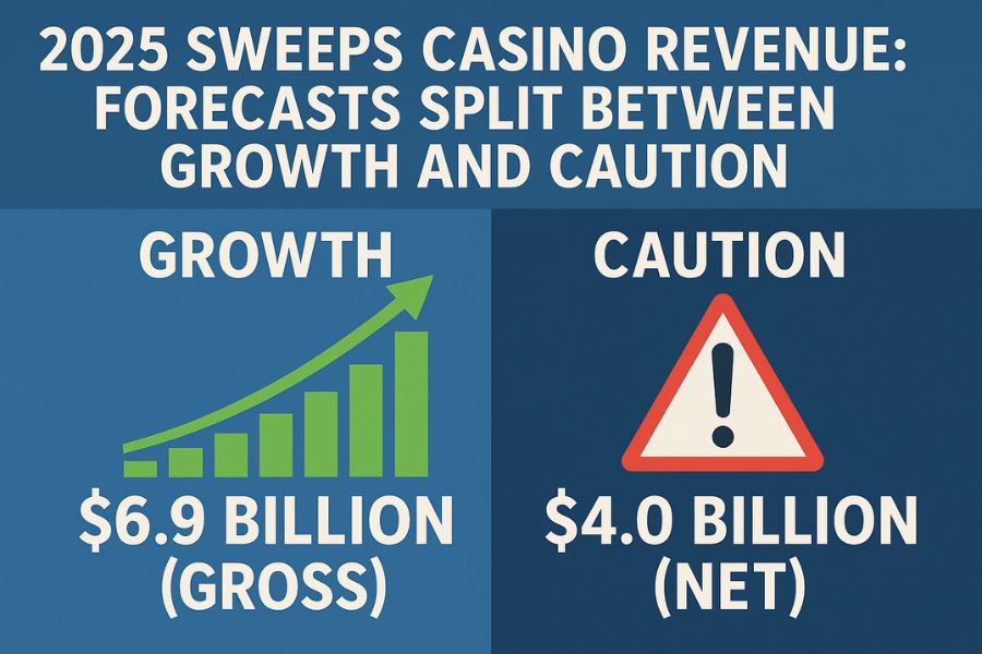 Infographic showing 2025 sweeps casino forecasts: $6.9B gross (growth) vs. $4.0B net (caution).