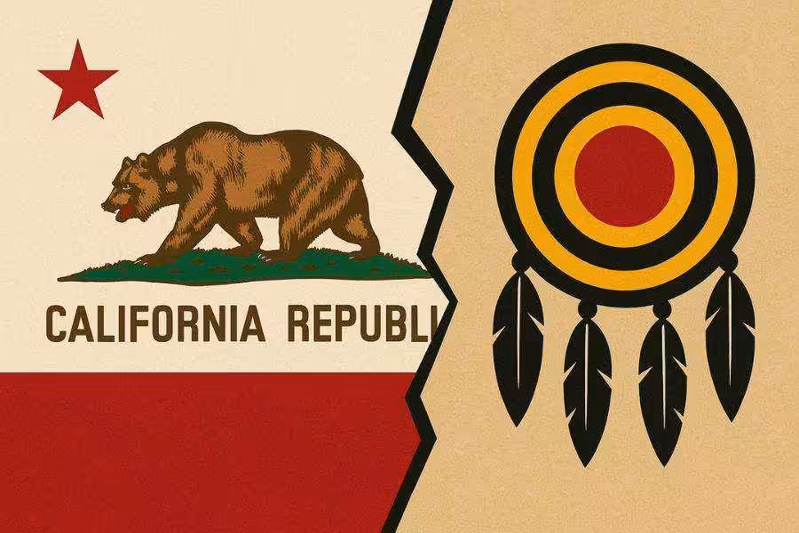 Split image showing California flag and tribal emblem divided by a crack.