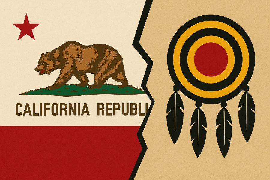 Split image showing California flag and tribal emblem divided by a crack.