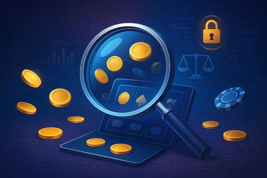 Futuristic illustration of casino icons under digital scrutiny, symbolizing sweepstakes regulation.