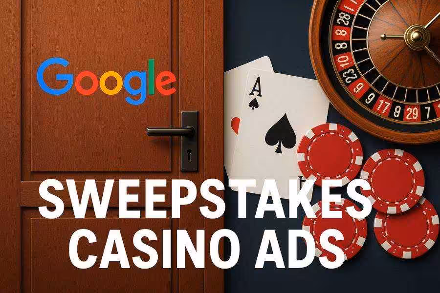 Google logo on a closed door beside casino chips and cards.