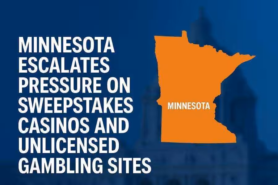 Minnesota map graphic about regulators targeting sweepstakes casinos.