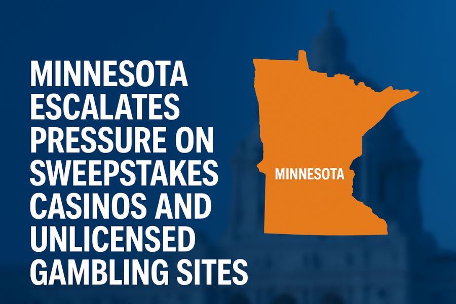 Minnesota map graphic about regulators targeting sweepstakes casinos.