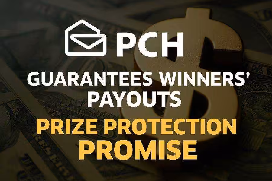 Publishers Clearing House infographic announcing prize protection pledge guaranteeing winners’ payouts with escrowed funds.