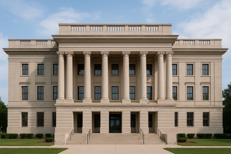 Neoclassical government building with stone columns and symmetrical windows under a blue sky.