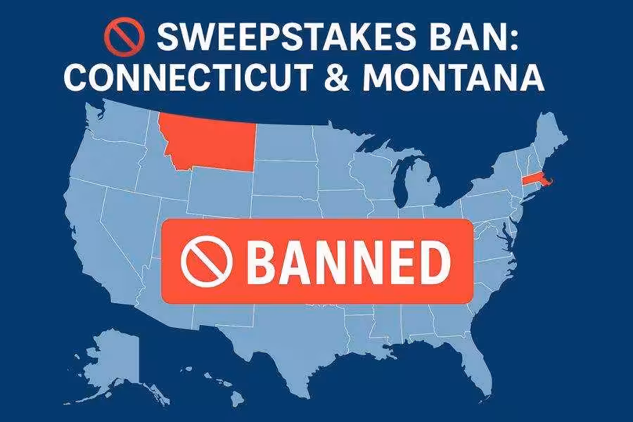Montana and Connecticut sweepstakes casino ban map