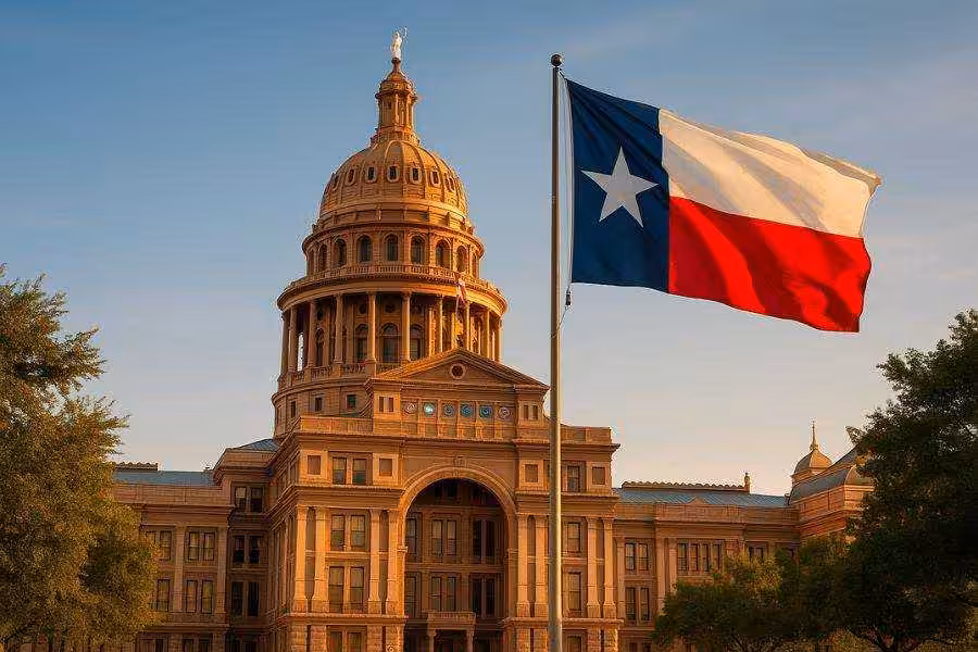 The Texas State Capitol building at sunset with the Texas flag waving in the foreground