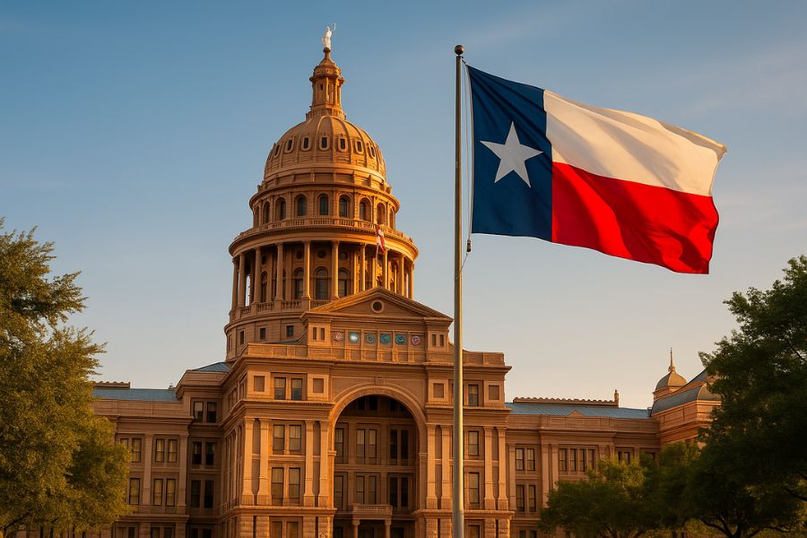 The Texas State Capitol building at sunset with the Texas flag waving in the foreground