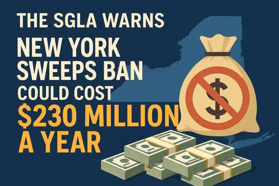 Illustration showing a money bag with a ban symbol and text warning New York could lose $230 million from a sweeps ban.