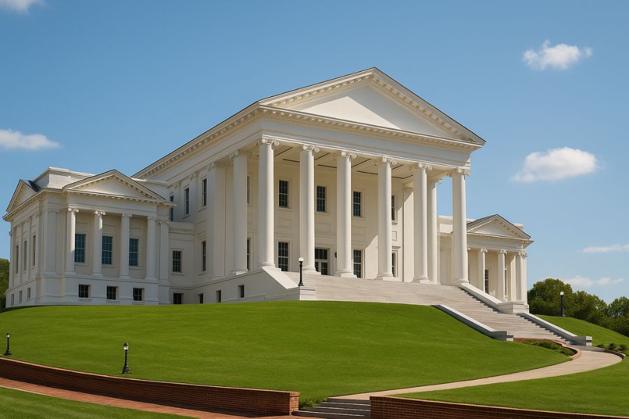 White capitol-style building with columns and blue sky.
