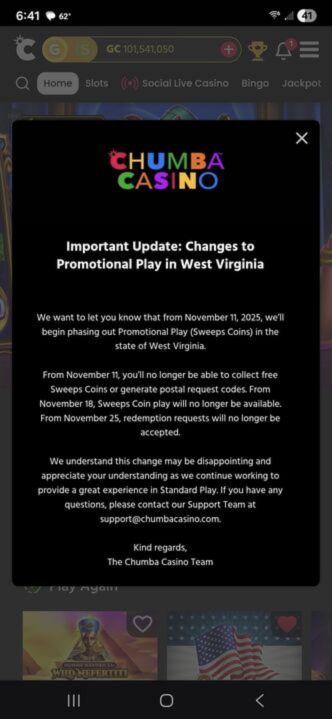 Chumba Important Update