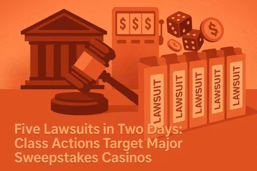 Illustration of lawsuits against sweepstakes casinos with a gavel, courthouse, and casino symbols.