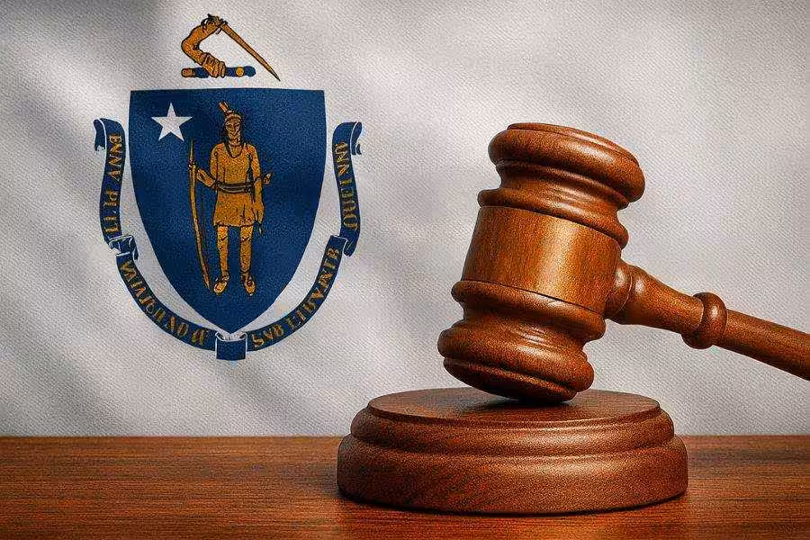 Wooden judge gavel in front of the Massachusetts state flag on a courtroom desk.