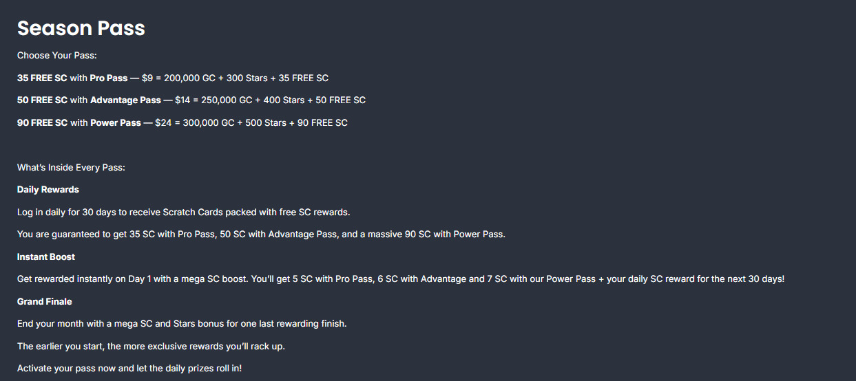 Text explaining how the seson pass works at Spinfinite