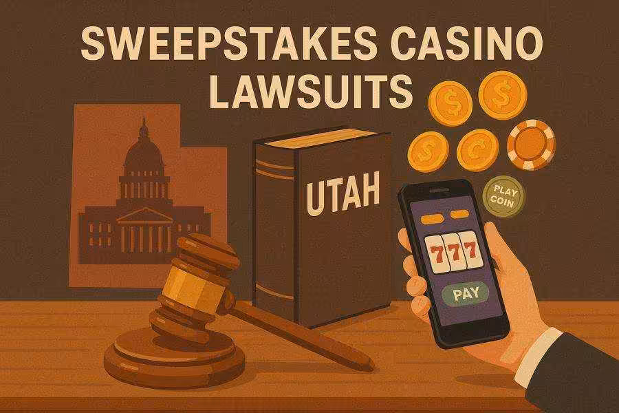 Centered gavel, Utah book, and slot machine with coins.