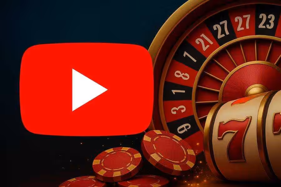 YouTube logo with casino imagery.