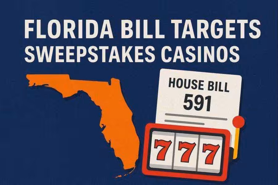 Florida bill targets sweepstakes casinos graphic with Florida map and slot machine.