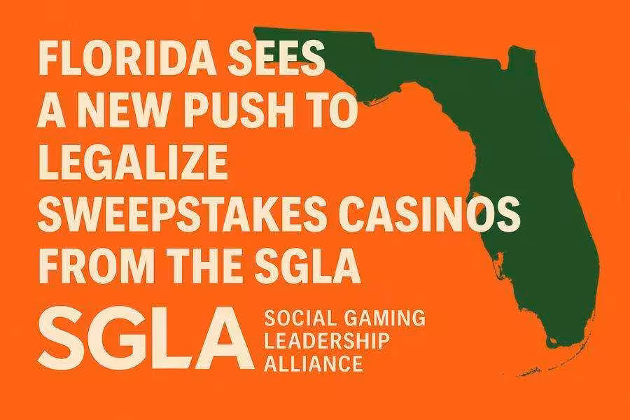 Florida silhouette with bold SGLA sweepstakes legalization headline.