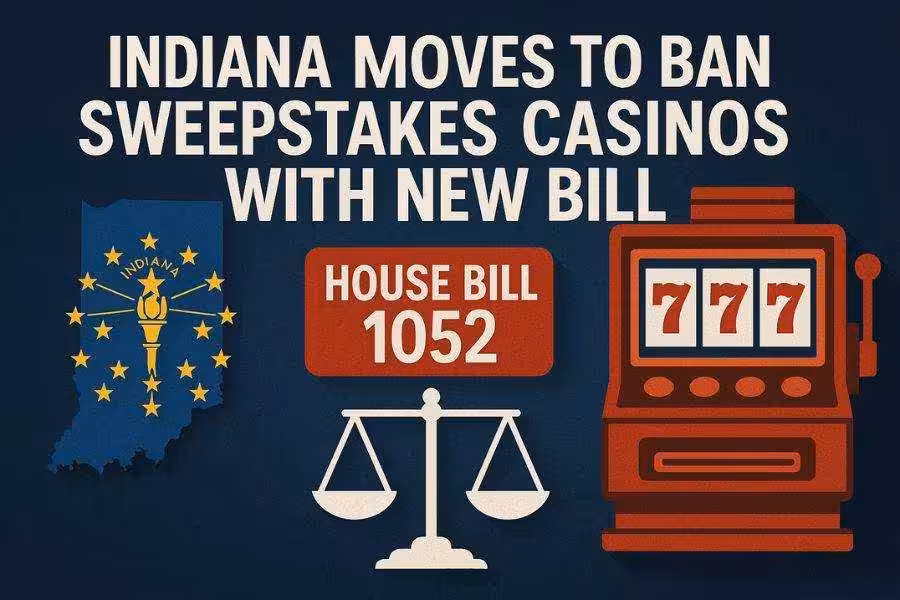 Alt: Graphic showing Indiana map, House Bill 1052, and a slot machine about a sweepstakes casino ban.