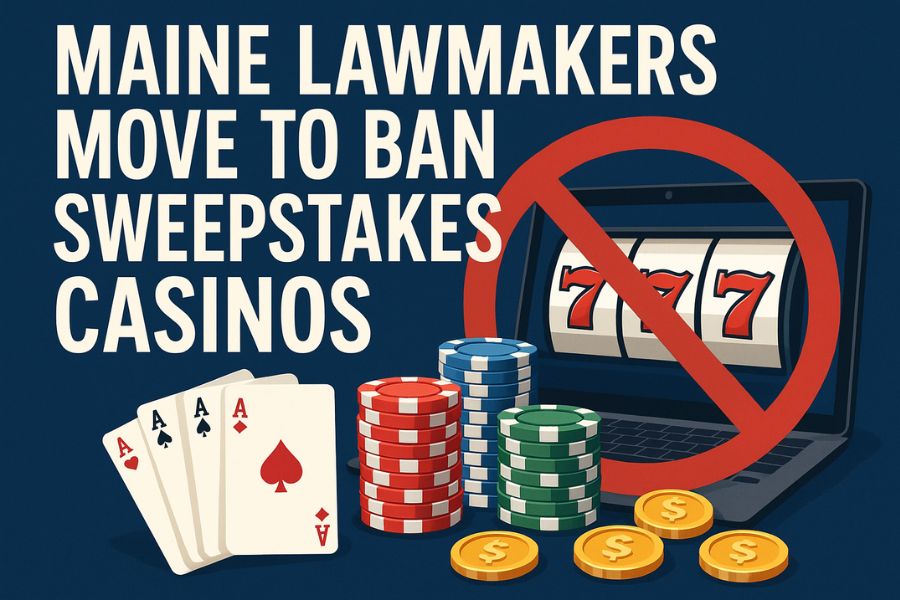Maine moves to ban sweepstakes casinos, shown with a crossed-out online slot machine.