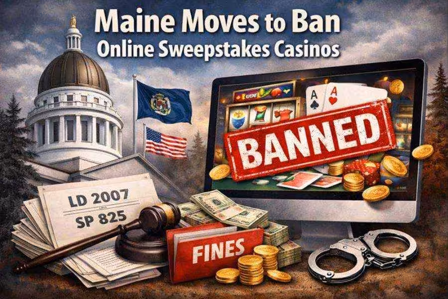 Maine State House beside a banned online casino graphic with fines and legal symbols.