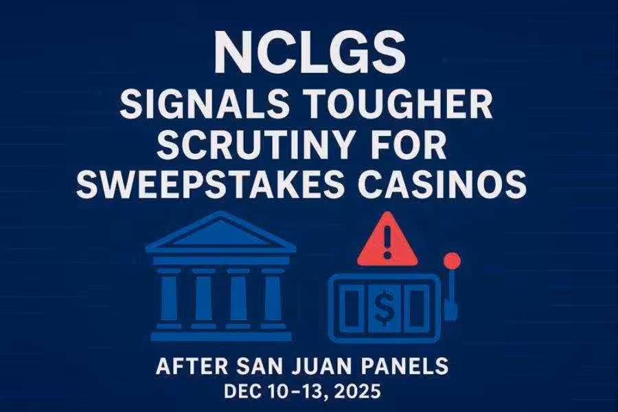 Graphic highlighting increased scrutiny on sweepstakes casinos after NCLGS San Juan panels.
