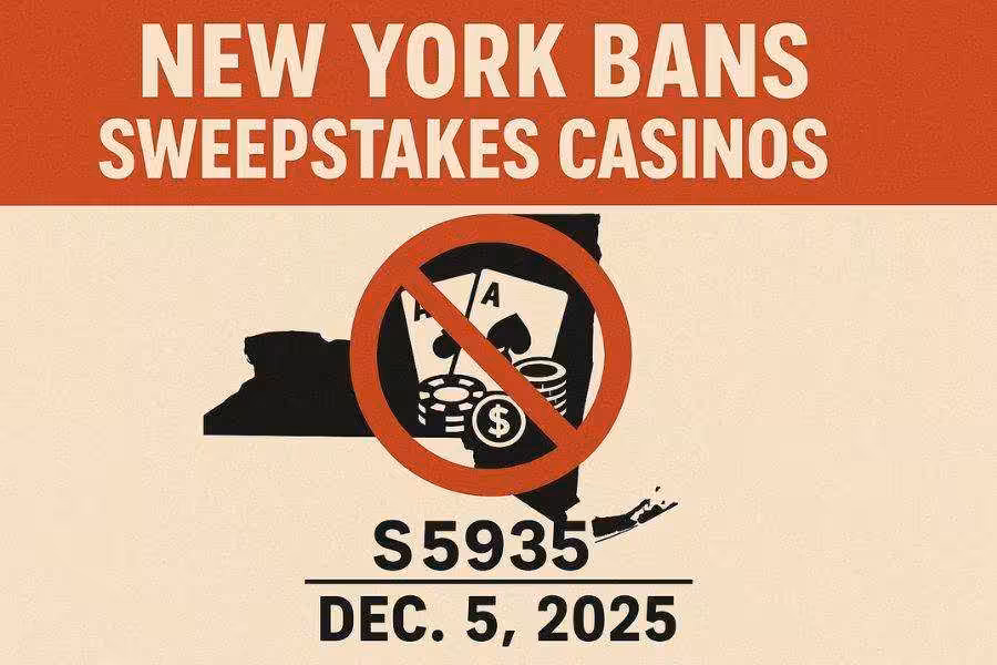 “New York bans sweepstakes casinos” graphic with a crossed-out casino icon, bill S5935, and Dec. 5, 2025.