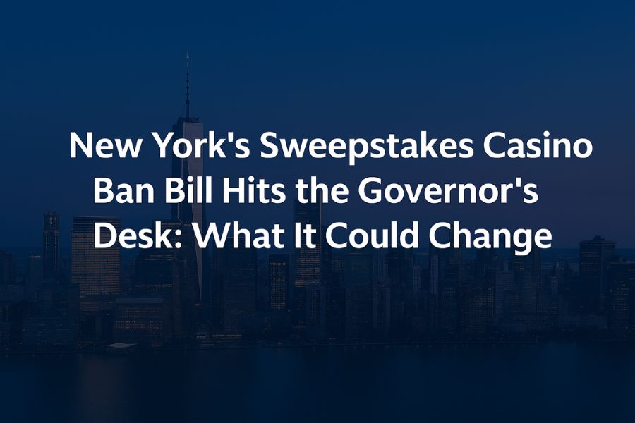 NYC skyline with headline about New York sweepstakes casino ban bill.
