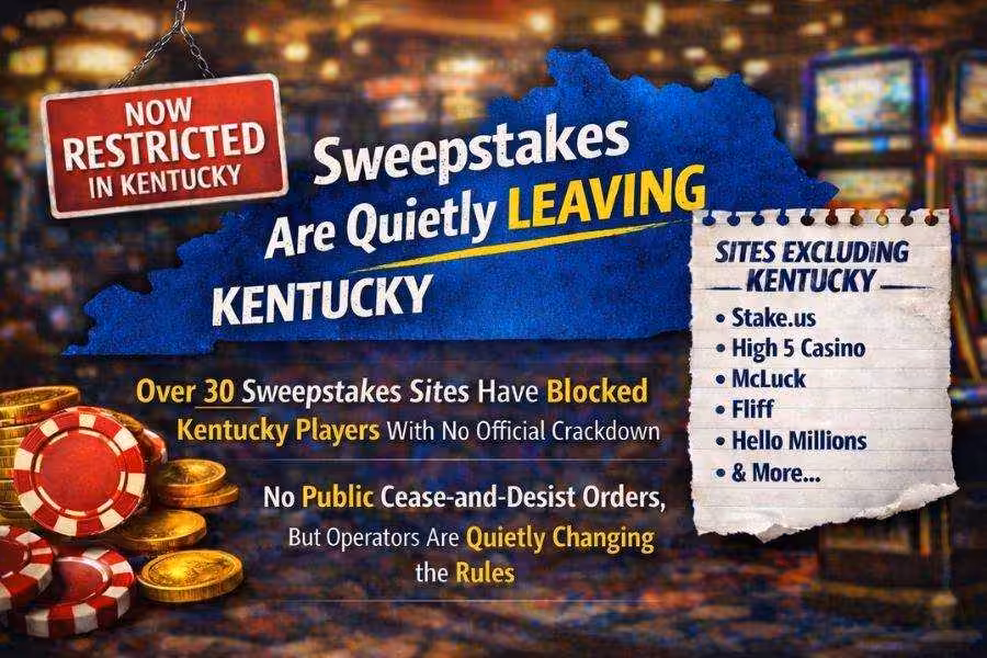 Sweepstakes casinos quietly leaving Kentucky, shown with a casino background and a restricted sign over the state.