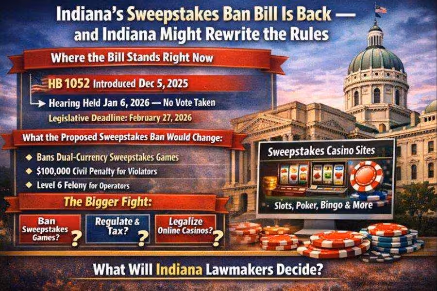 Indiana lawmakers consider HB 1052, a proposed ban on sweepstakes casino games, with penalties and debate over regulation versus legalization.