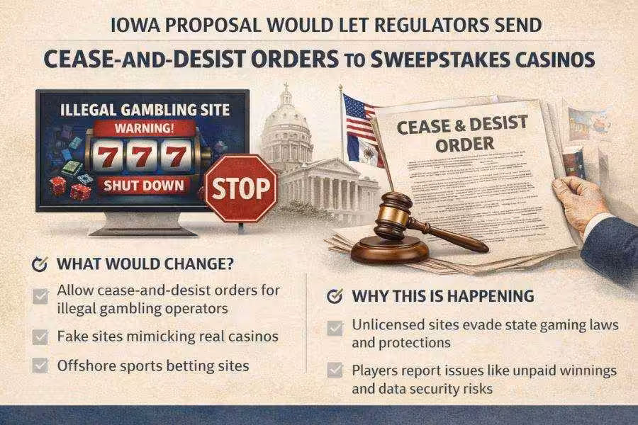 Informational graphic explaining an Iowa proposal to let regulators issue cease and desist orders to sweepstakes casinos.