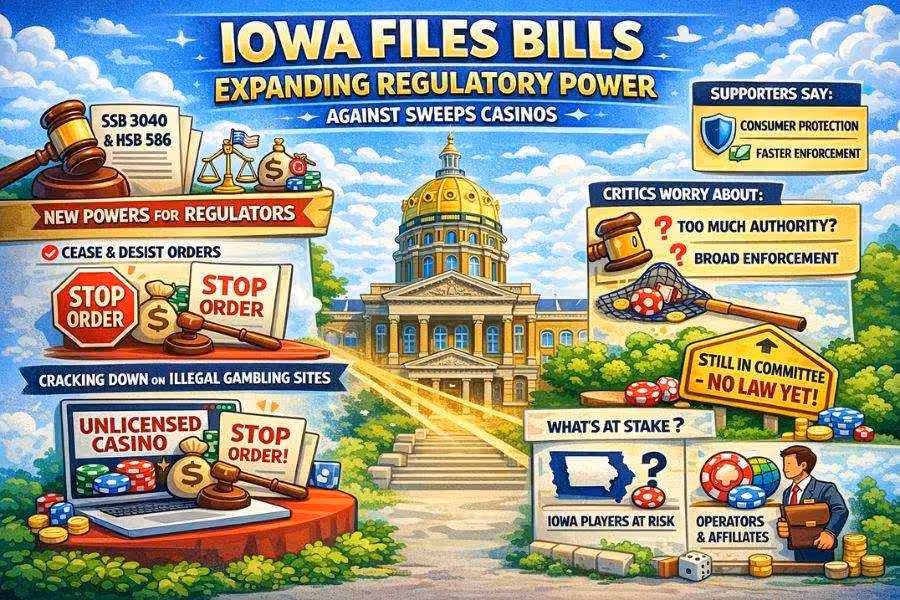 Cartoon infographic of Iowa bills targeting sweepstakes casinos with new enforcement powers.
