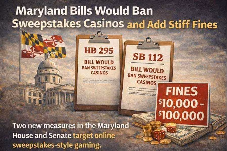 Graphic about Maryland bills HB 295 and SB 112 proposing a sweepstakes casino ban, showing the state capitol and fines ranging from $10,000 to $100,000.