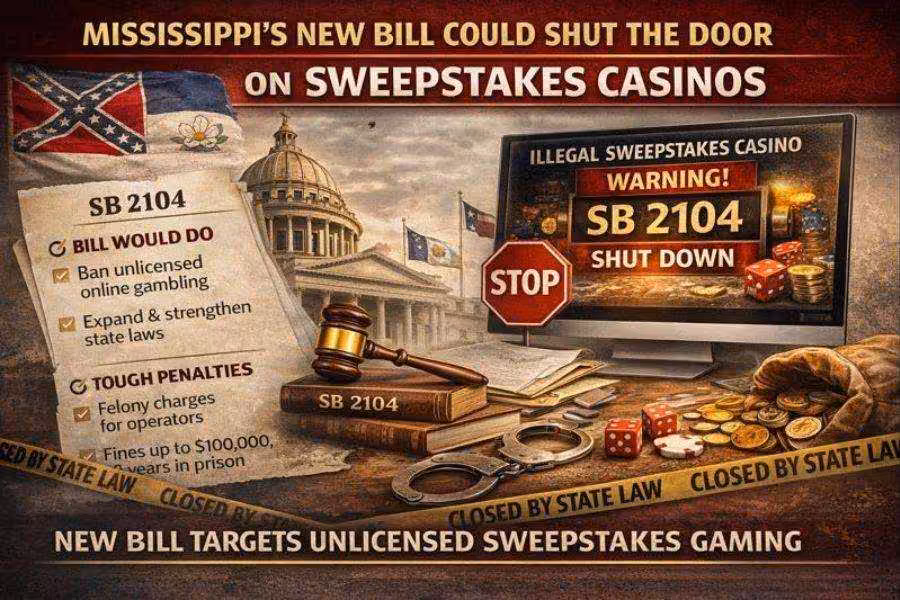 Graphic showing Mississippi SB 2104 targeting unlicensed sweepstakes casinos, with symbols of state law, penalties, and a shutdown notice.