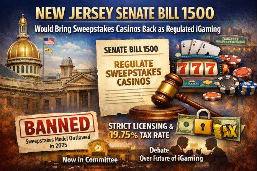 Infographic on NJ Senate Bill 1500 regulating sweepstakes casinos, with the State House, a bill graphic, casino icons, a “BANNED” stamp, and “19.75% tax rate.