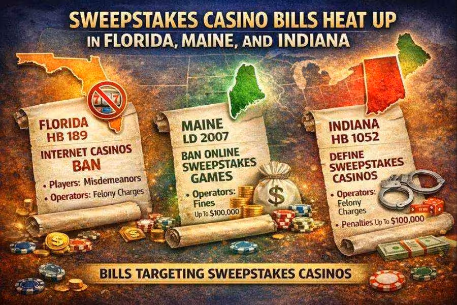 Infographic on Florida, Maine, and Indiana bills cracking down on sweepstakes casinos, showing state maps, casino icons, and penalty highlights.